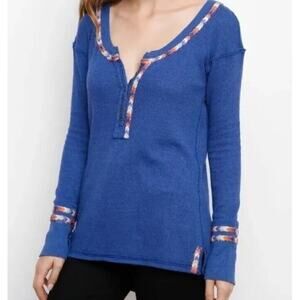 Free People Top Thermal Henley Medium Long Sleeve Women Blue aztec trim
